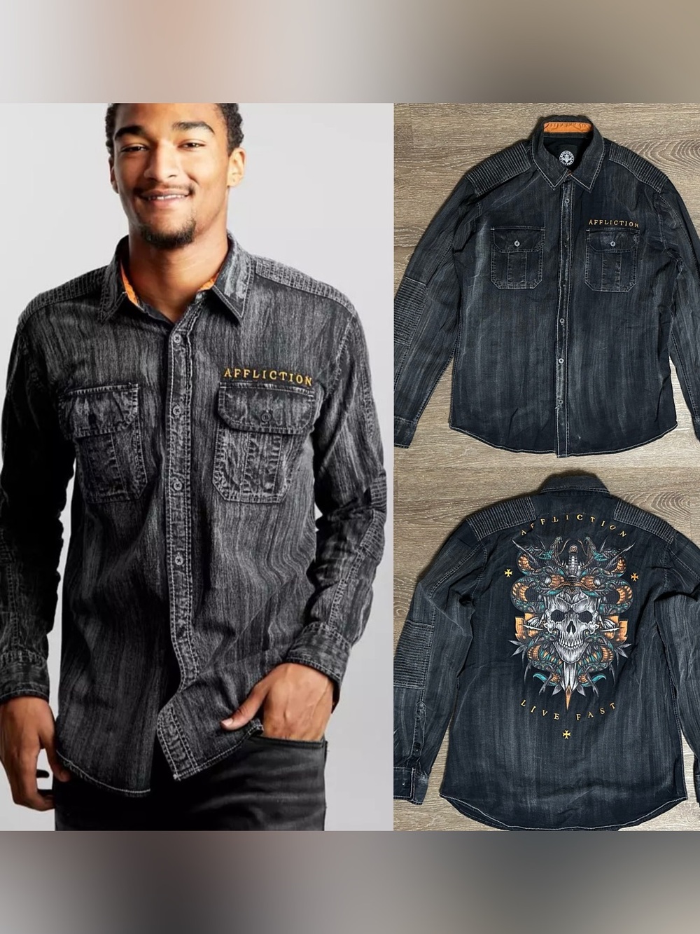 AFFLICTION Despise Washed 
Denim Shirt gray black Size Large Néw without tag